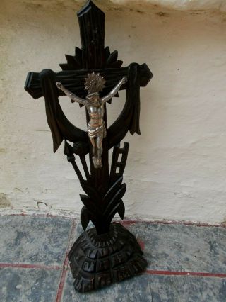 Antique Black Gothic Carved Wooden Crucifix Metal Corpus Of Christ On The Cross