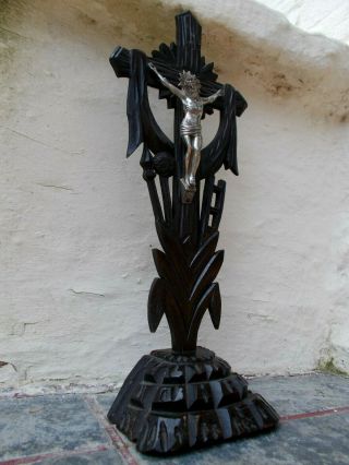 ANTIQUE BLACK GOTHIC CARVED WOODEN CRUCIFIX METAL CORPUS OF CHRIST ON THE CROSS 3