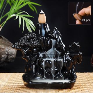 Handmade Black Ceramic Incense Burner Holder Waterfall Sandalwood Tower Cones