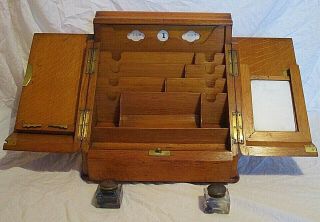 Antique Oak Stationary Writing Box Cabinet With Lock & Key & Drawer Calendar