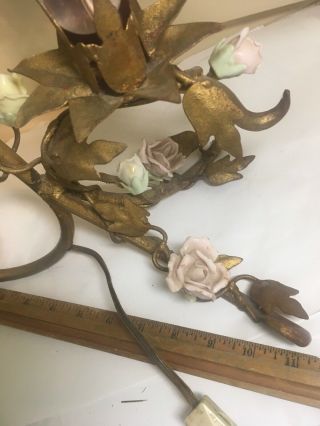 Antique Bronzed Cast Iron 22” Lily & 8 Handmade Glass Roses Table Lamp 5