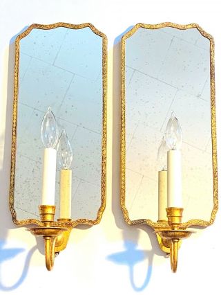 Pair Vaughan Designs Lighting Gold Gilt Antiqued Mirror Candlestick Wall Sconce