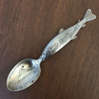 Sterling Silver Souvenir Demitasse Spoon Engraved Mt.  Hood Portland Or W/ Salmon