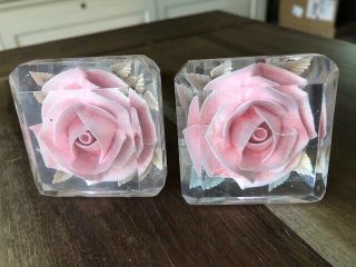Vintage Rare Set Pair Lucite Square Door Knobs With Pink Roses Flowers Two
