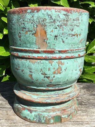 Large Old Wooden Distressed Turquoise Painted Decorative Mortar Bowl