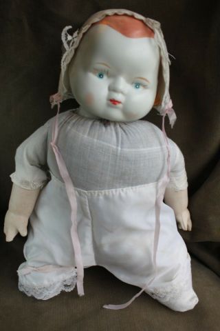 Antique Bisque Baby Doll Wool Stuffed 14 " With Some Accessories