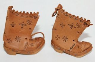 Vintage Embossed Leather Doll Cowboy Boots Wooden Soles