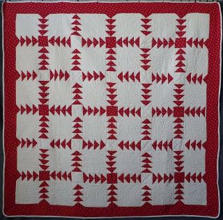Antique Early 1900s Red & White Wild Goose Chase Quilt 73x72 "