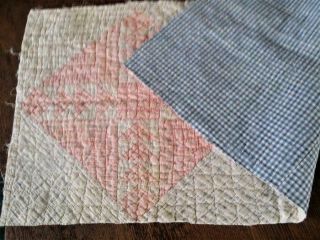 Antique Fabric Cutter Quilt Pc Pink Flying Geese Blue Check Linen Homespun 15x32