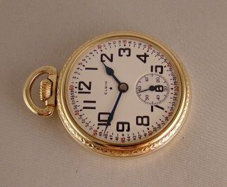 79 YEARS OLD ELGIN 17j 10k GOLD FILLED OPEN FACE SIZE 16s RAILROAD POCKET WATCH 8