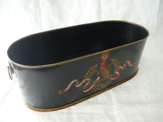 Vintage Tin Oval Tole Paint - Decorated Handled Cache Pot Container 14 " L - Vgc
