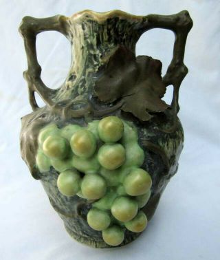 Antique Austrian Teplitz Amphora Grape Vine Leaves Art Nouveau Pottery Vase