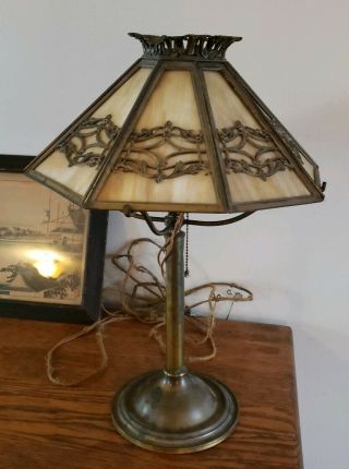 Antique Arts & Crafts Bradley & Hubbard Slag Glass Table Lamp Shade & Base