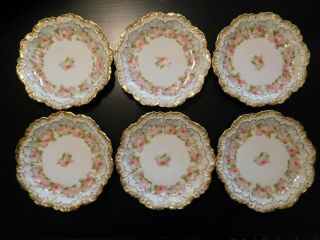 Set Of 6 Antique Limoge A.  Lanternier Dessert Plates Roses W/gold Scalloped Edge