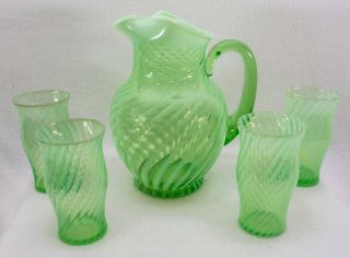 Antique Vaseline Glass Pitcher & 4 Thumbers Swirl Pattern Opalescent