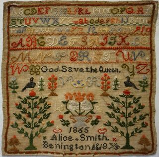 Mid 19th Century Motif & Alphabet Sampler By Alice Smith Aged 8 - 1865