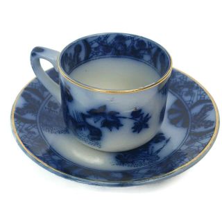Antique Flow Blue Demitasse Cup Saucer Floral Asian Aesthetic Period England B11