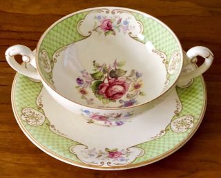 Antique Myott Staffordshire Porcelain Pink Roses Green Lrg Cream Soup Underplate