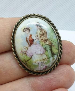 Antique Or Vintage Painted Ceramic Solid Silver Brooch Pin Oval Rope Border