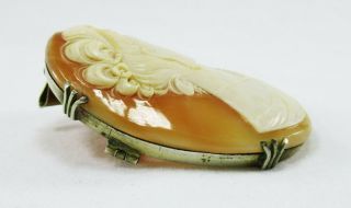 Lovely Antique/Vintage Woman ' s Profile Carved Shell Cameo Pin/Brooch 800 Silver 3