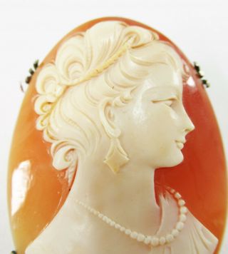 Lovely Antique/Vintage Woman ' s Profile Carved Shell Cameo Pin/Brooch 800 Silver 4