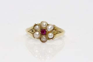 A Petite Antique Victorian 15ct Yellow Gold Ruby & Pearl Cluster Ring 13436