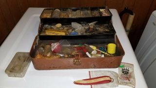 Vintage Fishing Tackle Box With Various Items Wooden Lures