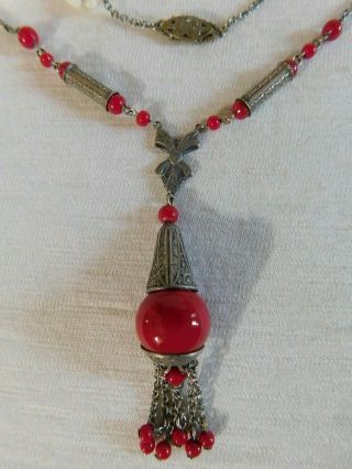 Antique Art Deco Red Glass Beaded,  Silver Chain Dangling Pendant Necklace Czech