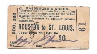 Antique 1907 Houston Tx To St Louis Mo Pullman Railroad Train Ticket