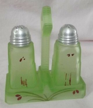 Antique Green Vaseline Glass Art Deco Salt & Pepper Shakers & Holder Stand