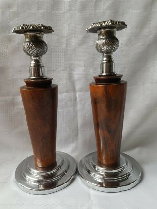Pair Vintage Art Deco Oak Wood & Chrome Metal Candlesticks Stepped Bases