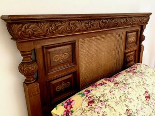 Antique Cherry Hand Carved,  Inlaid Marquetry & Caned Regency Headboard/mantel