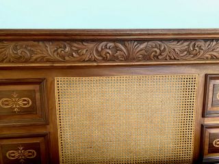ANTIQUE CHERRY HAND CARVED,  INLAID MARQUETRY & CANED REGENCY HEADBOARD/MANTEL 3