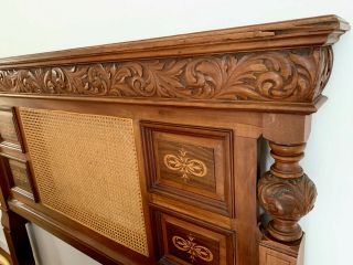 ANTIQUE CHERRY HAND CARVED,  INLAID MARQUETRY & CANED REGENCY HEADBOARD/MANTEL 4