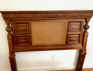 ANTIQUE CHERRY HAND CARVED,  INLAID MARQUETRY & CANED REGENCY HEADBOARD/MANTEL 5