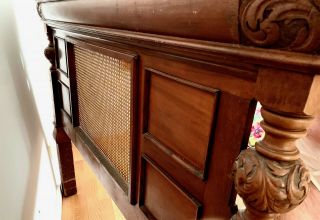 ANTIQUE CHERRY HAND CARVED,  INLAID MARQUETRY & CANED REGENCY HEADBOARD/MANTEL 8