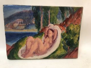 Antique Paris School Nude Woman Portrait In A Landscape Oil Painting