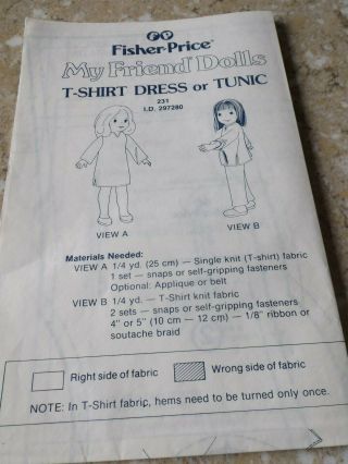 Vintage Fisher Price My Friend Dolls Sewing Pattern 231 T - Shirt Dress Or Tunic