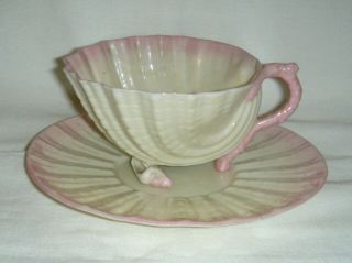 Antique Belleek Pink Neptune Cup Saucer Shell Feet Coral Handle Second Period