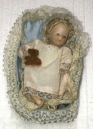 Vintage Miniature Bisque Baby Doll With Teddy Bear,  Pillow Blanket & Cradle Bed