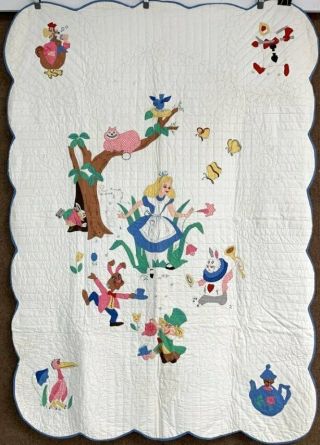 Storybook Pictorial Vintage Alice In Wonderland Applique Crib Quilt