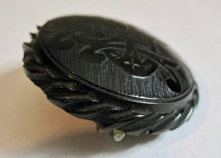 Antique Victorian Carved Whitby Jet Initials In Memory Of Mourning Brooch Pin 4