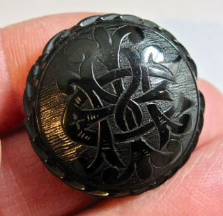 Antique Victorian Carved Whitby Jet Initials In Memory Of Mourning Brooch Pin 5