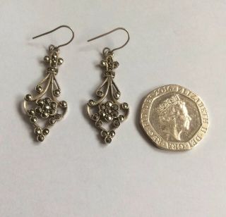 Antique circa 1930’s Art Deco Solid silver & marcasite drop earrings. 3
