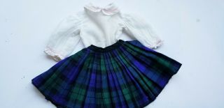 Vintage 1950,  S Green Plaid Pleated Skirt With White Blouse Fits 18 " Dolls