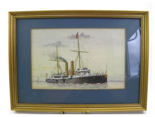 Antique Early 20th Century Watercolour Painting Study Of A Royal Navy Battleship