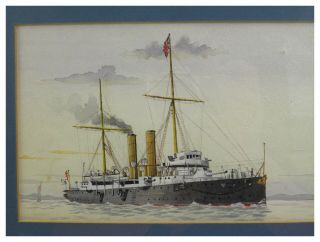 Antique early 20th century watercolour painting study of a Royal Navy battleship 2
