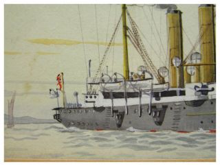 Antique early 20th century watercolour painting study of a Royal Navy battleship 4