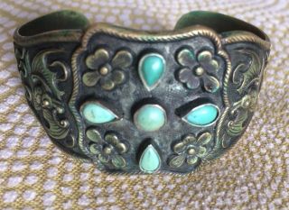 Signed Vintage / Antique ? Chinese Brass & Turquoise Decorated Cuff Bracelet