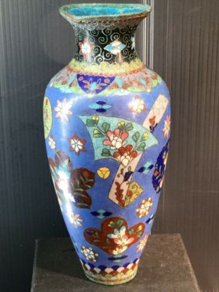 Antique Japanese Meiji Period Cloisonne Vase Fan And Flower Head Pattern 21.  5 Cm